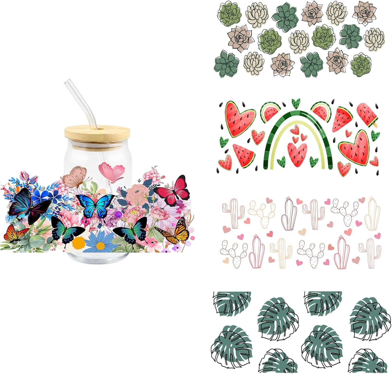 Botanical and butterfly cup-wrap designs with a glass application example